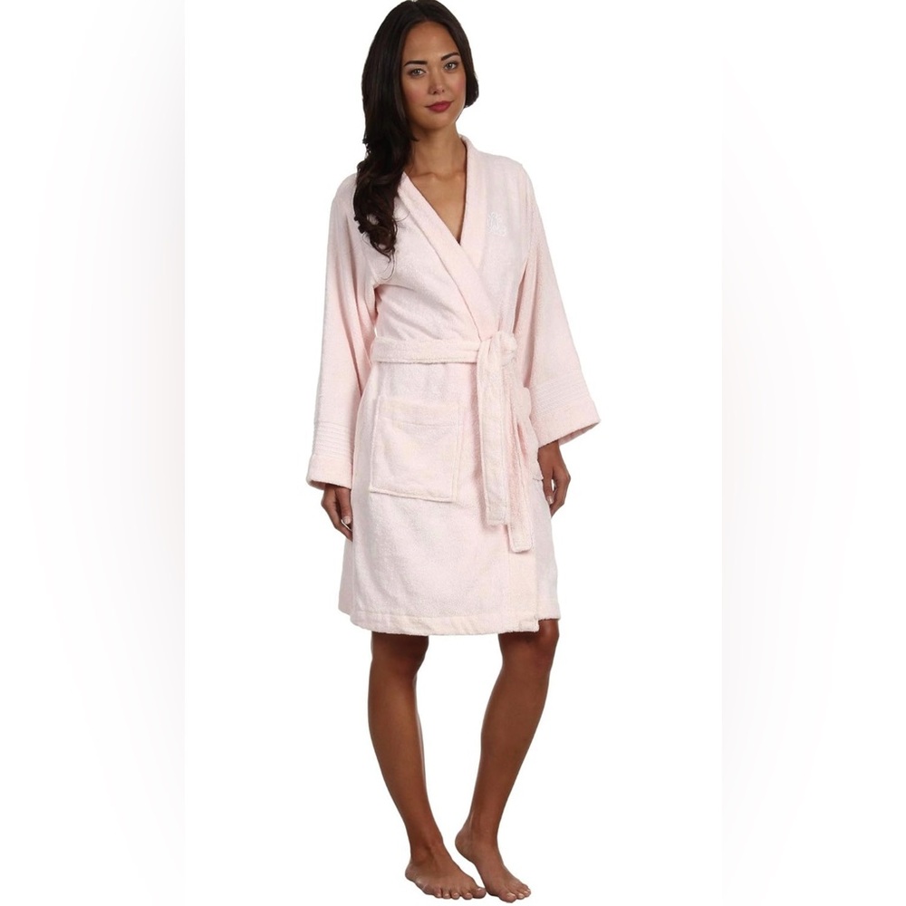 Women’s Ralph Lauren Pink Woven Terry Robe Robe Front Patch Pockets Long Sleeve